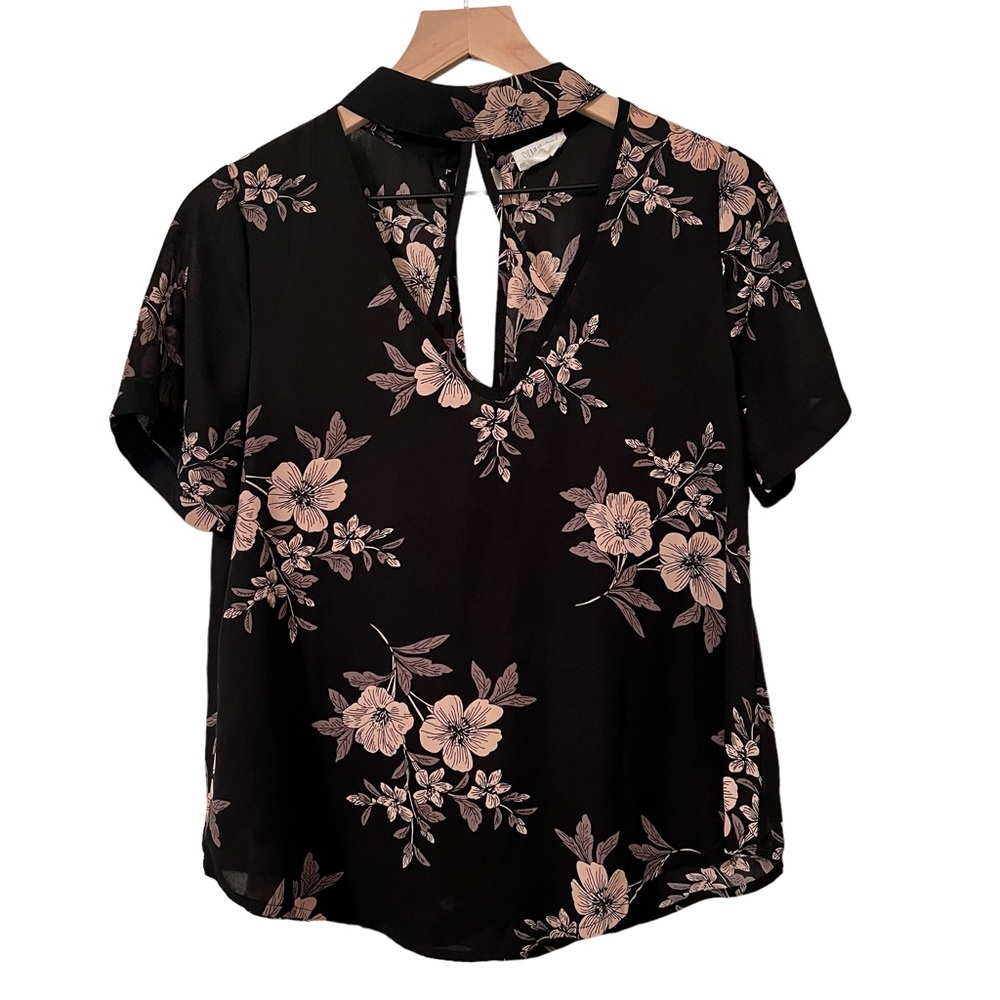 Sienna Sky Black and Pink Floral High Neck Keyhole Blouse Top -Sz. S